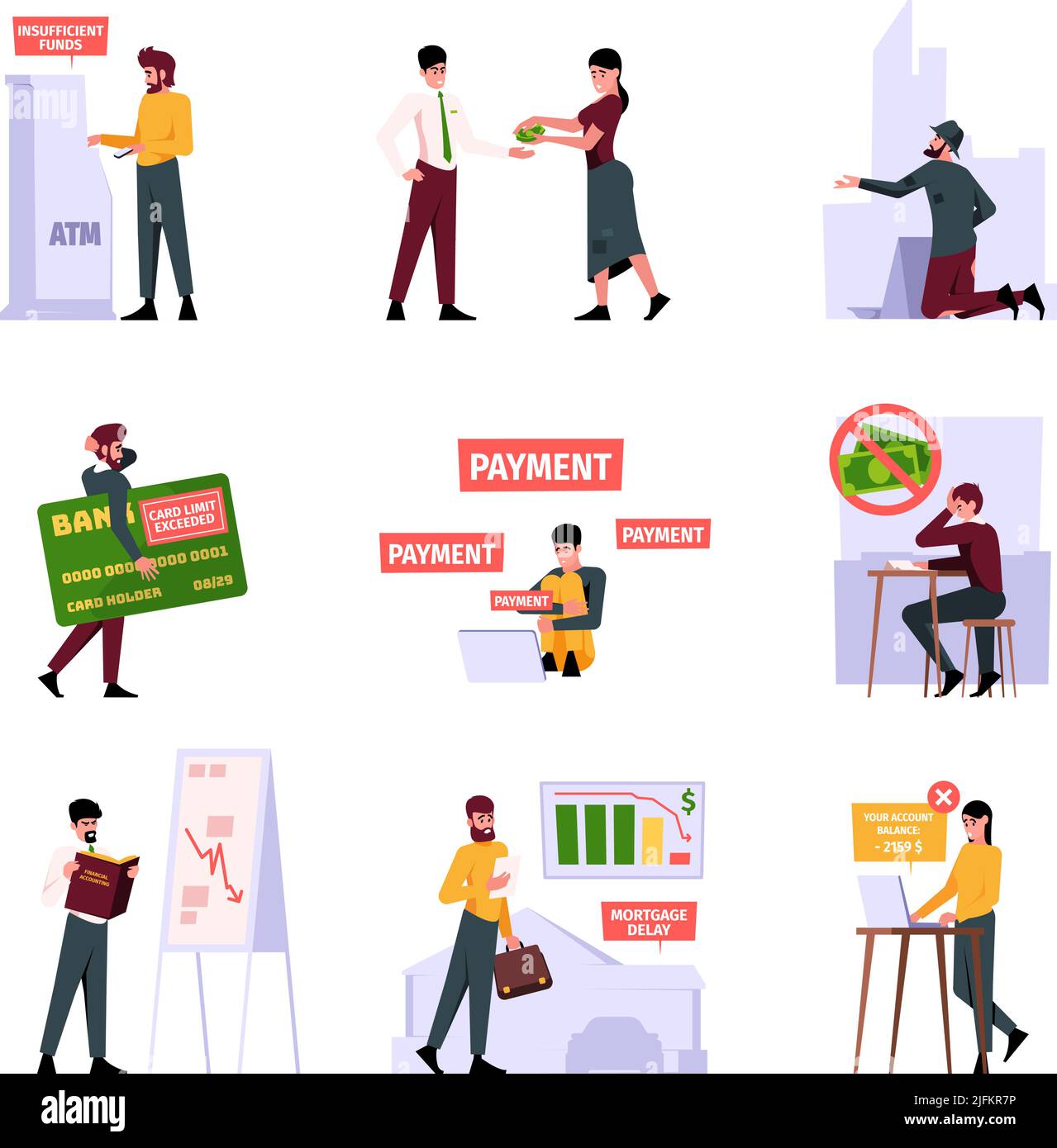 Poor family. Business bankruptcy poverty problems sad stress people garish vector flat illustrations set Stock Vector