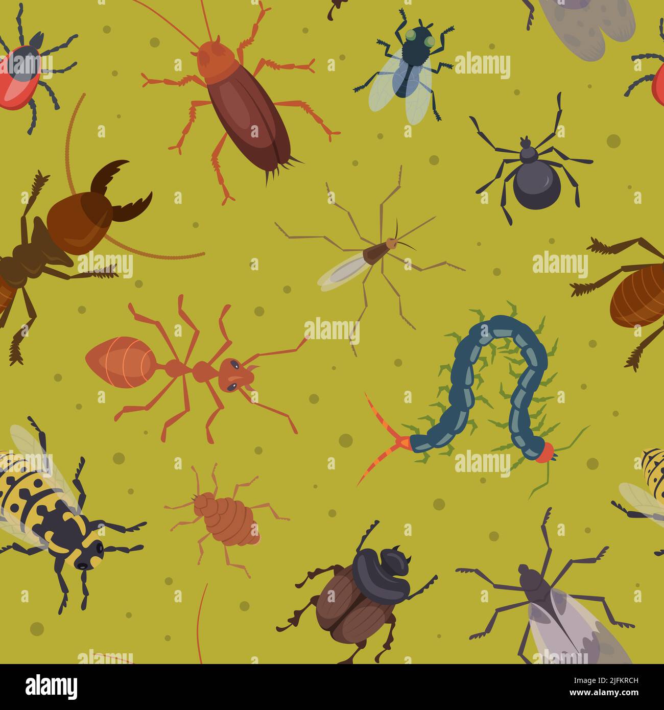 Insects pattern. Ants flea roaches harmful bugs illustrations for textile design project exact vector seamless background Stock Vector