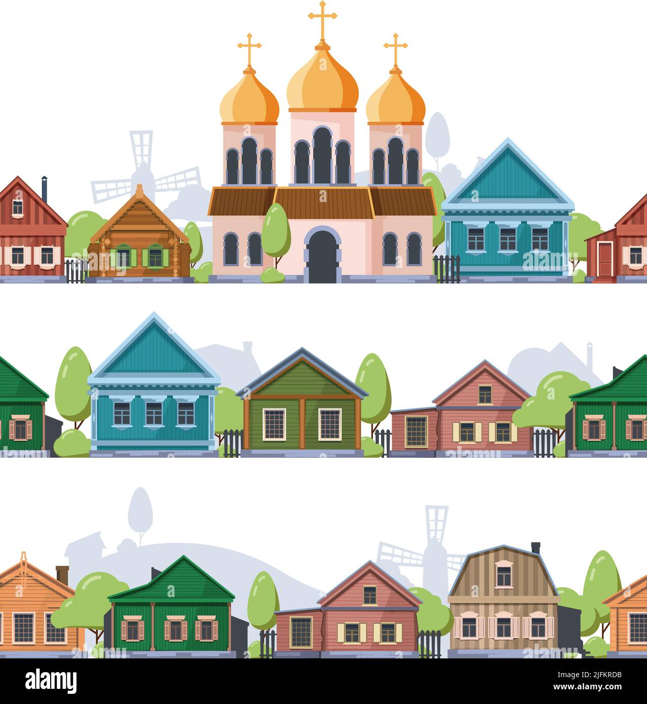 Russian village landscape. Rural old style wooden houses garish vector seamless background template Stock Vector