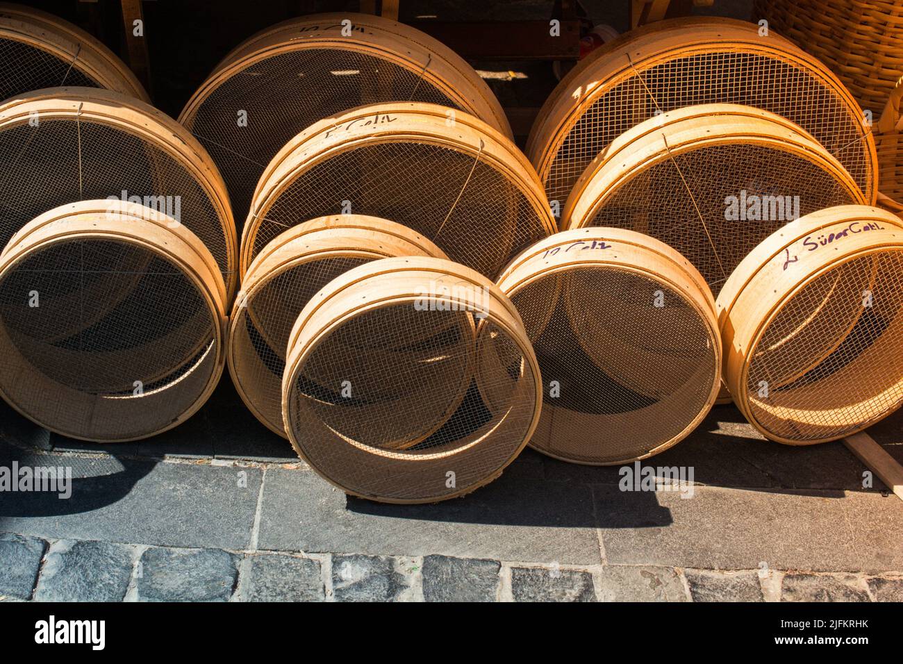 Traditional type sieves made of wood Stock Photo Alamy
