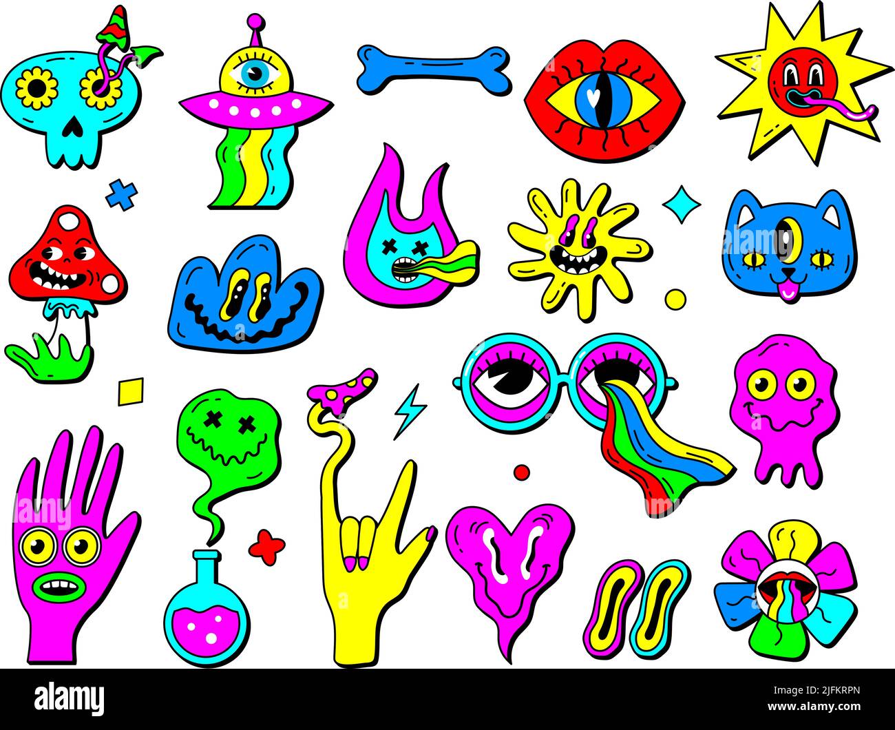 Psychedelic symbols. Hippy stickers collection funny emoticons faces hands mushrooms neon colored hallucination labels recent vector illustrations Stock Vector