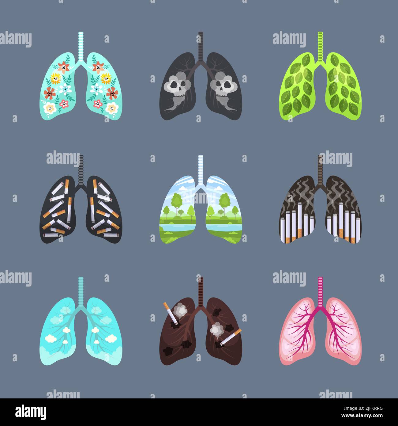 Unhealthy lungs. Concept illustrations of healthy and damaged from tobacco lungs organism pollution destroyer human systems recent vector templates Stock Vector