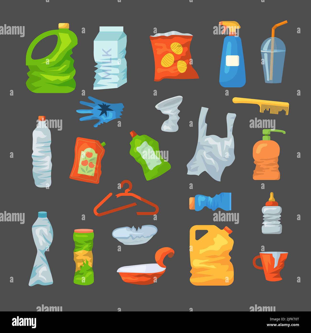 Plastic garbage. Boxes empty bottles packages waste for recycling recent vector plastic products Stock Vector