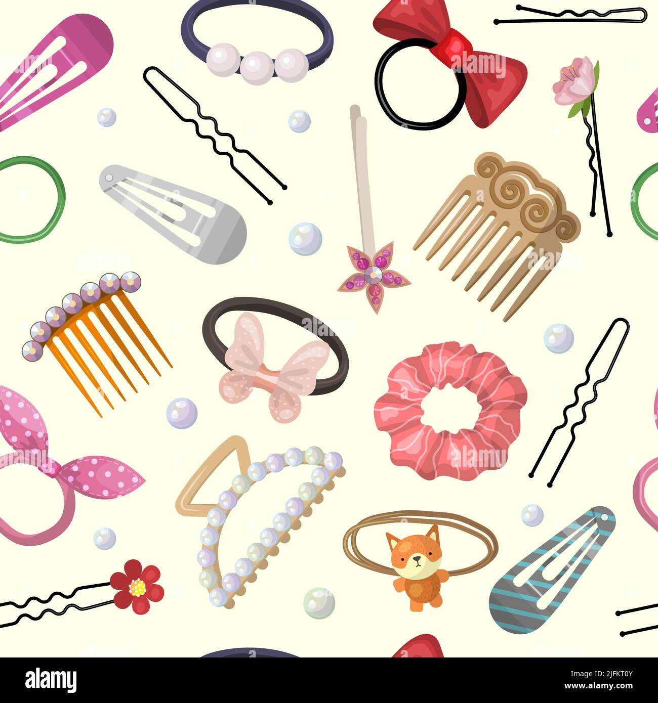Hair accessories pattern. Beauty stylish items for hair grooming and care processes plastic pins rubber bands recent vector seamless background in Stock Vector