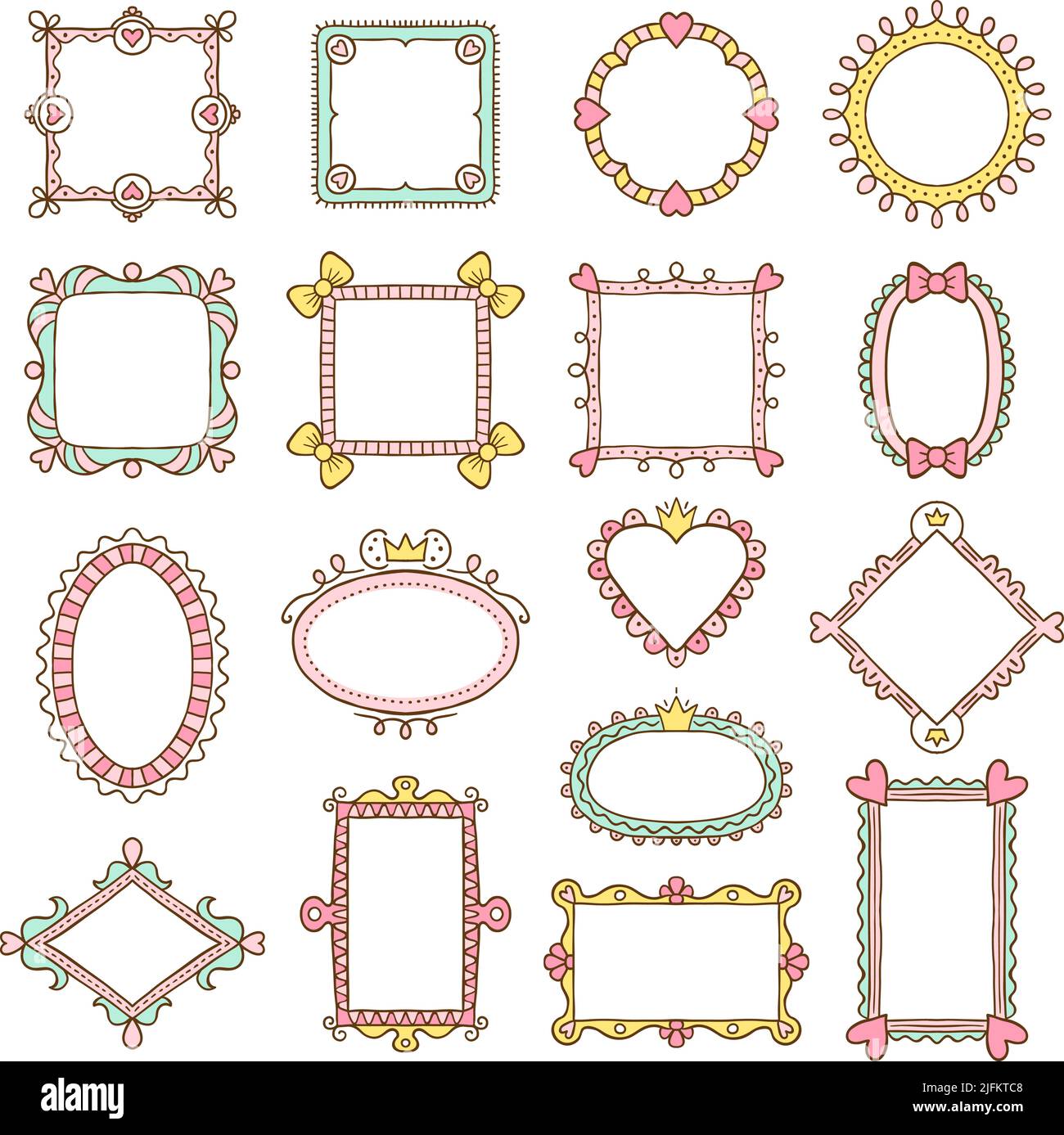 Frames templates. Cute decorative sketchy geometrical frames for photos and scrapbooks recent vector colored set Stock Vector