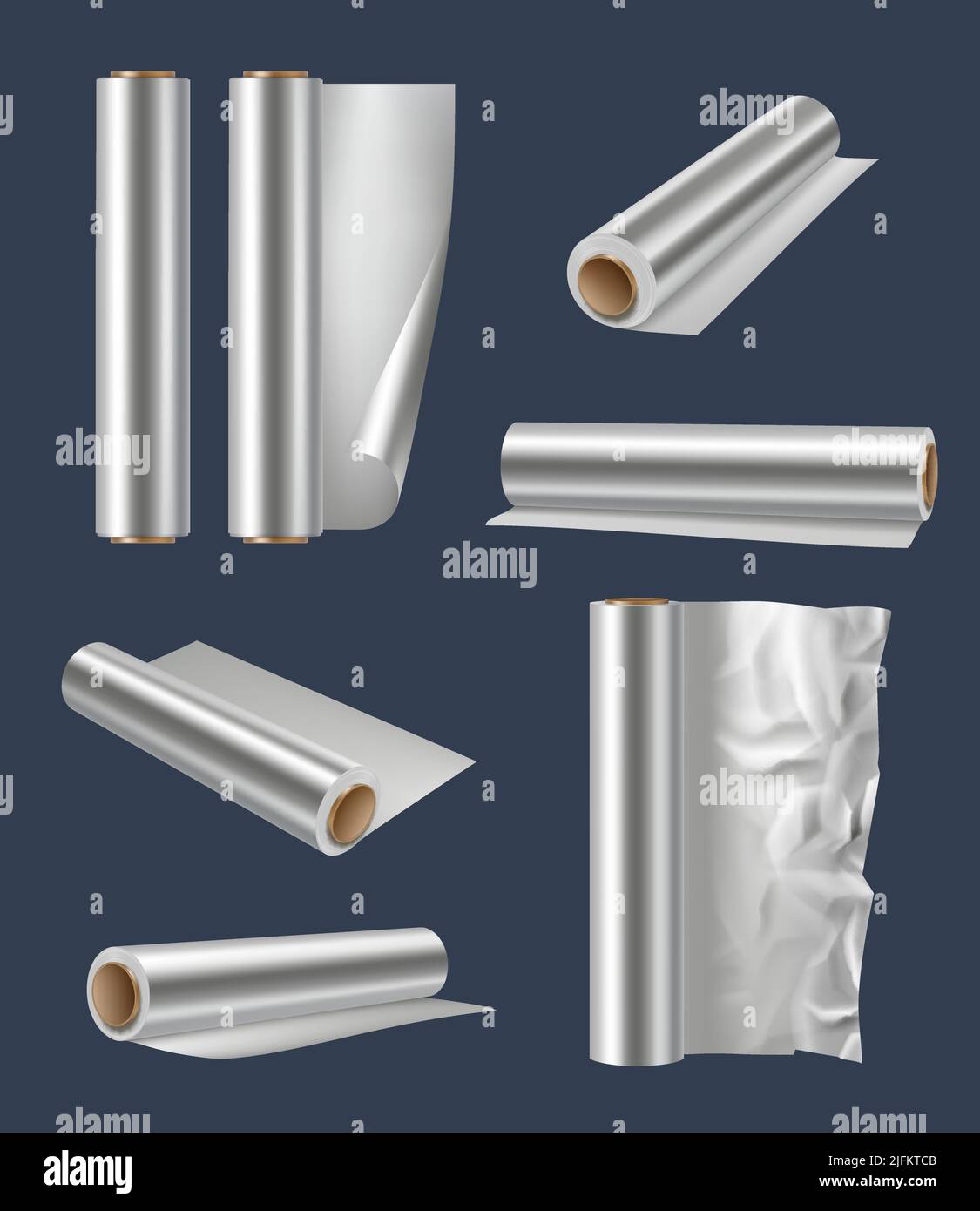 Metallic paper. Realistic aluminium foil templates kitchen items for helping cooking decent vector illustrations set Stock Vector