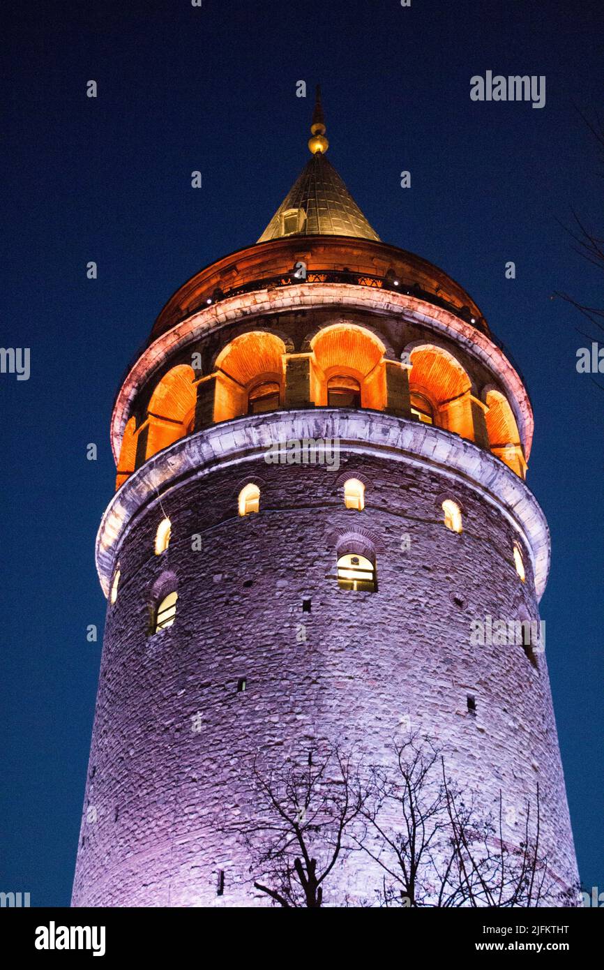 Night view of the Galata Tower from Byzantium times in Istanbul Stock