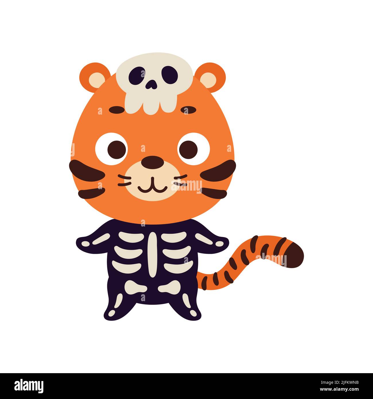 Cute little Halloween tiger in a skeleton costume. Cartoon animal character for kids t-shirts, nursery decoration, baby shower, greeting card, invitat Stock Vector