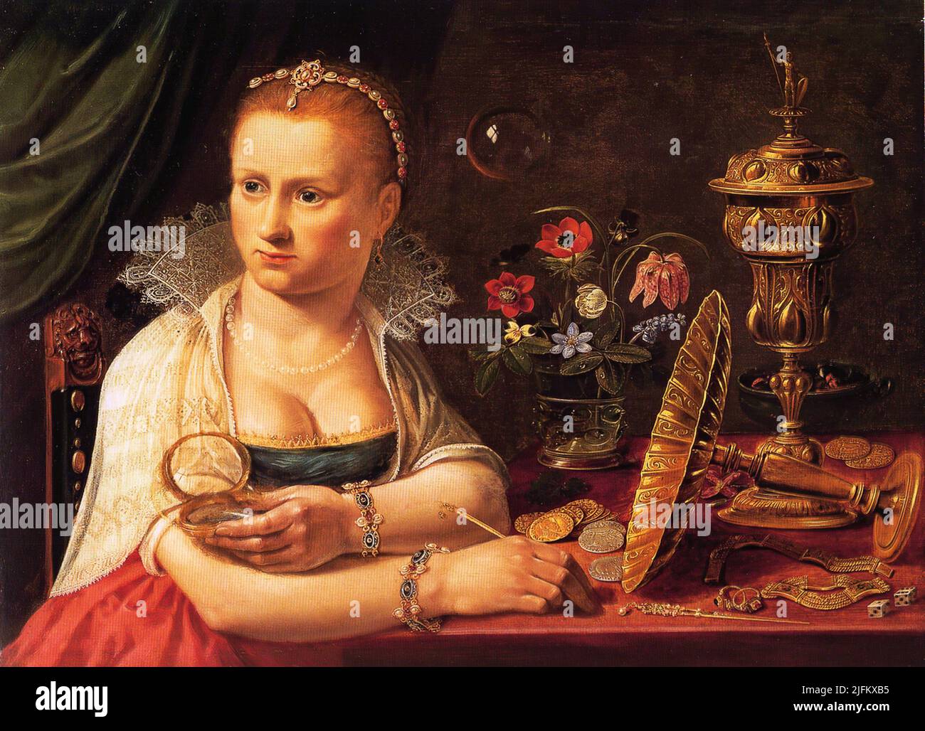 Woman seated before a table of precious objects. Oil on board. By Clara Peeters or Clara Lamberts. It is believed to be a self-portrait of the Stock Photo