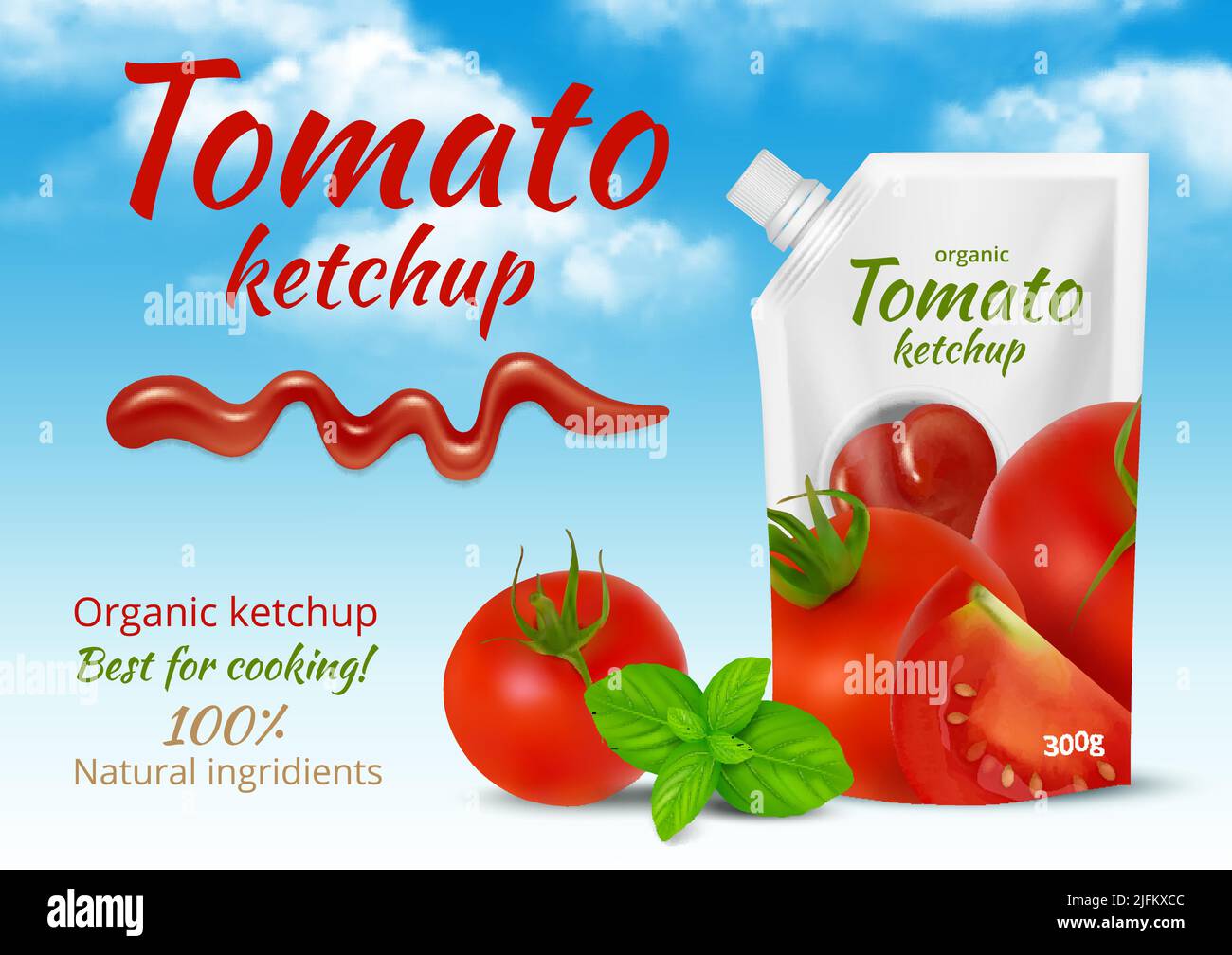 Ketchup ads. Containers for liquid food ingredients tomato design labels decent vector package