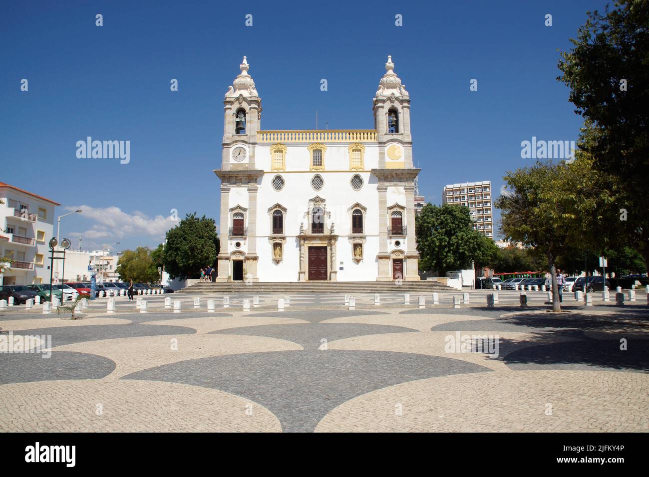 Faro (Algarve) Portugal. Main facade of the Igreja do Carmo, or Iglesia del Carmen in the city of Faro. Stock Photo