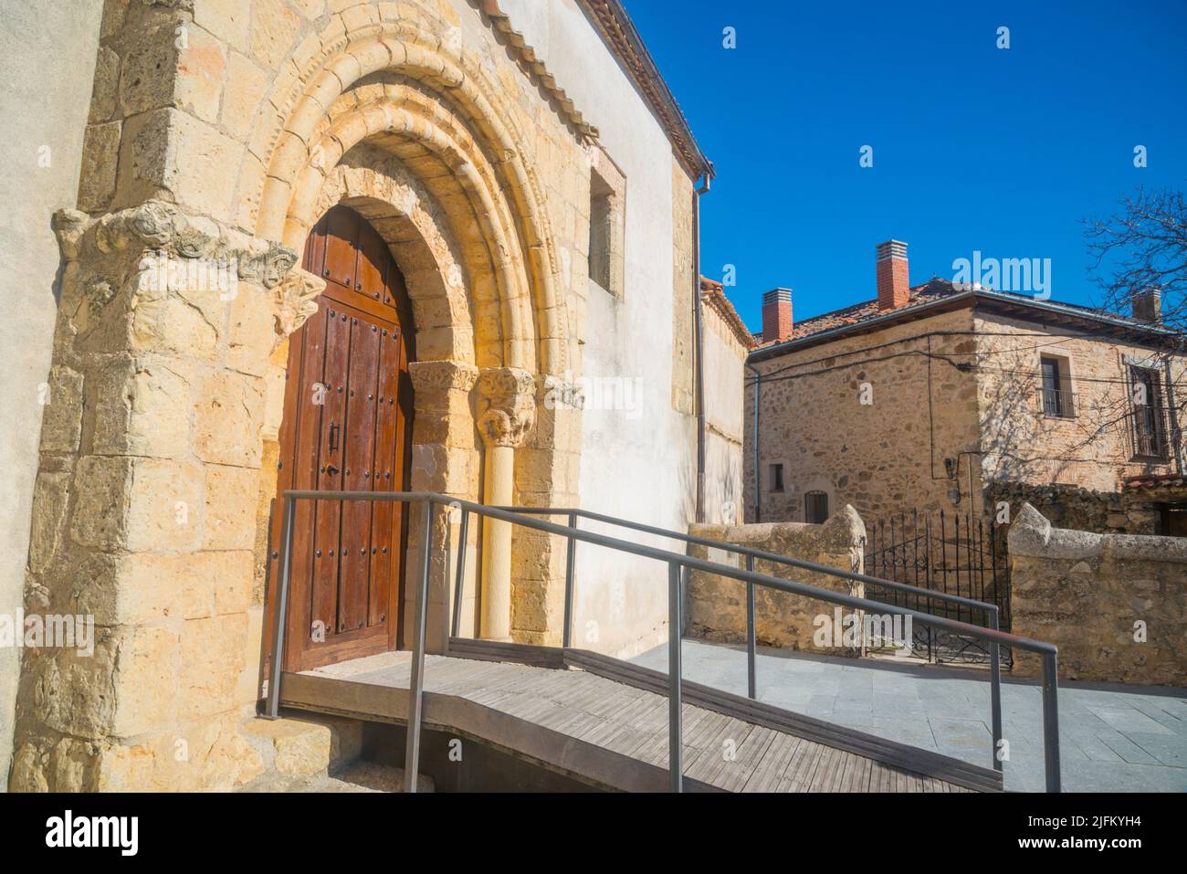 Facade of San Bartolome church. Basardilla, Segovia province, Castilla Leon, Spain. Stock Photo
