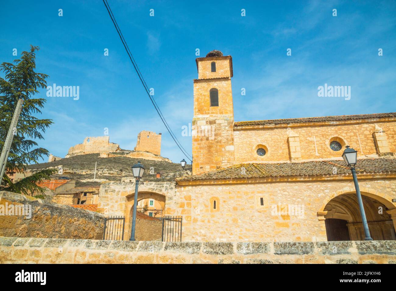 Church and castle. Torregalindo, Burgos province, Castilla Leon, Spain. Stock Photo