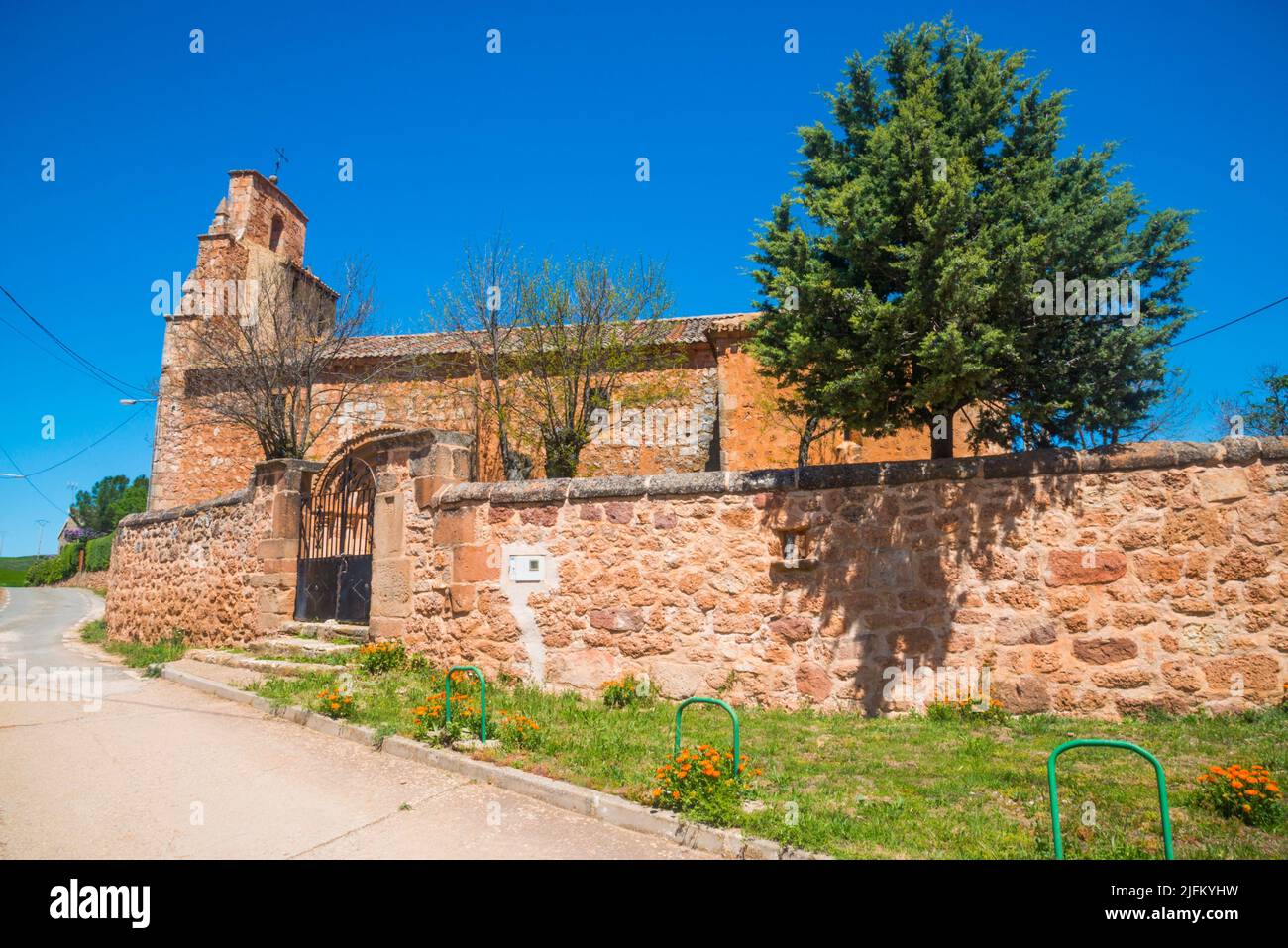 Facade of the church. Ligos, Soria province, Castilla Leon, Spain. Stock Photo
