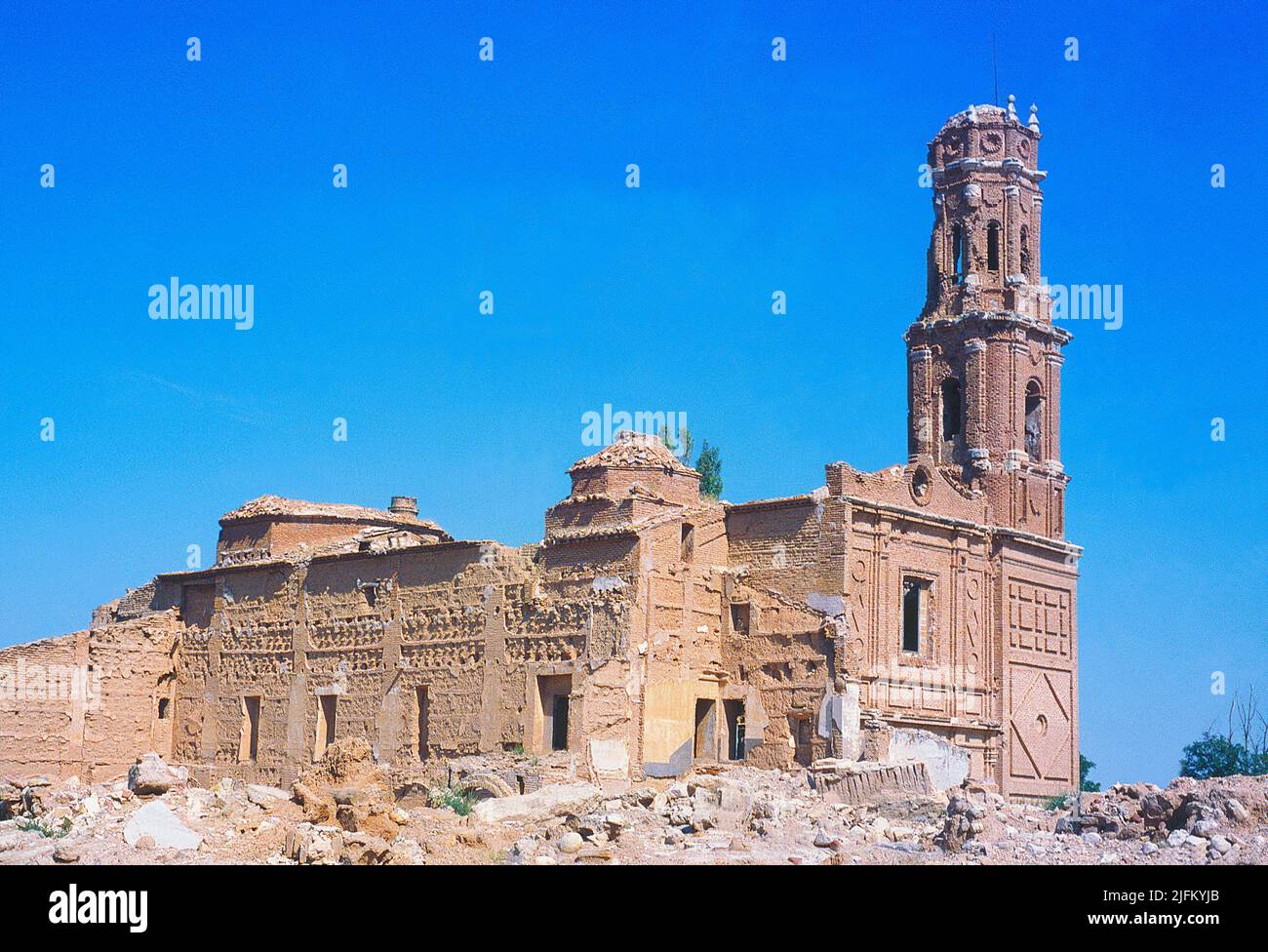 Facade of San Agustin church. Belchite, Zaragoza province, Aragon, Spain. Stock Photo