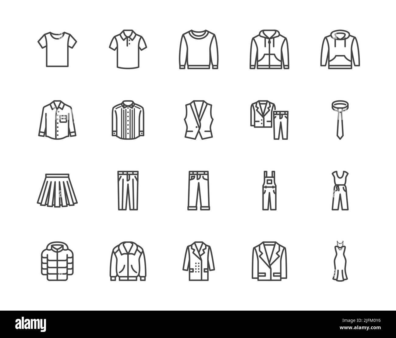 Cloth flat line icons set. Apparel - jacket, hoody, sweatshirt, male pants, polo shirt, jeans, coat, tie vector illustrations. Outline signs for Stock Vector