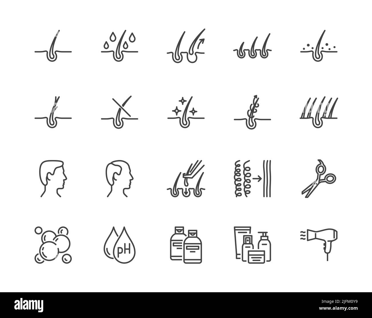 Hair loss treatment flat line icons set. Shampoo ph, dandruff, hair