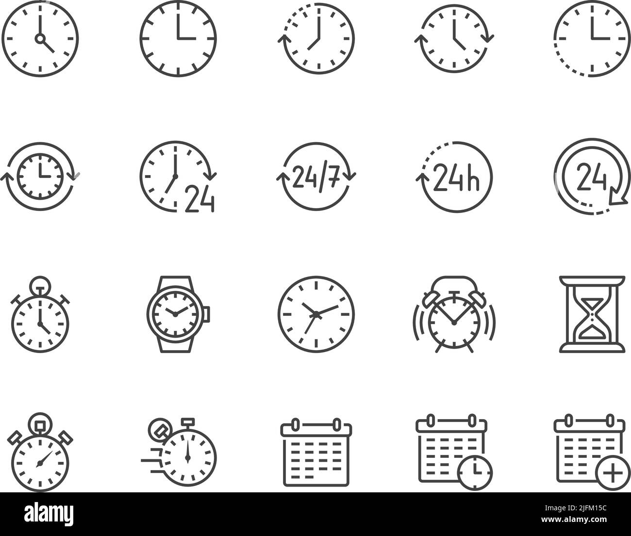 Time flat line icons set. Alarm clock, stopwatch, timer, sand glass, day and night, calendar vector illustrations. Thin signs for productivity Stock Vector
