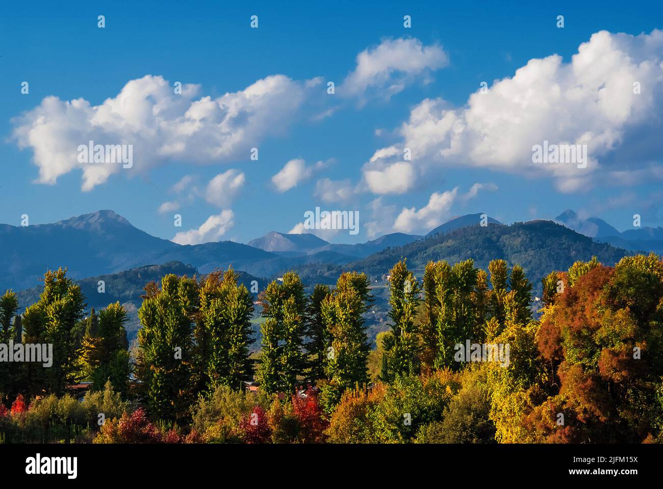 Apennine mountain range near Lucca in Italy, with autumn foliage Stock Photo