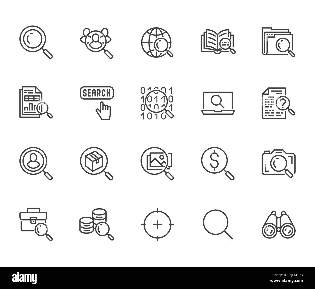 Data search flat line icons set. Magnify glass, find people, image zoom