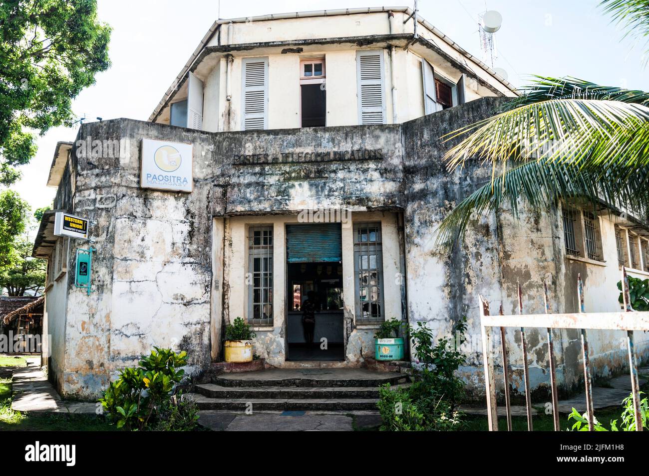 Post Office and Telecommunications Building. Hell-Ville (Andoany), Nosy Be, Madagascar. Stock Photo