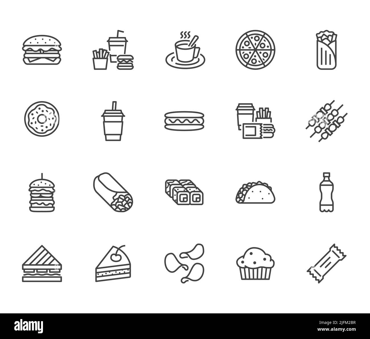 Junk food flat line icons set. Burger, fast snacks, sandwich, french fries, hot dog, mexican burrito, pizza vector illustrations. Thin signs for Stock Vector