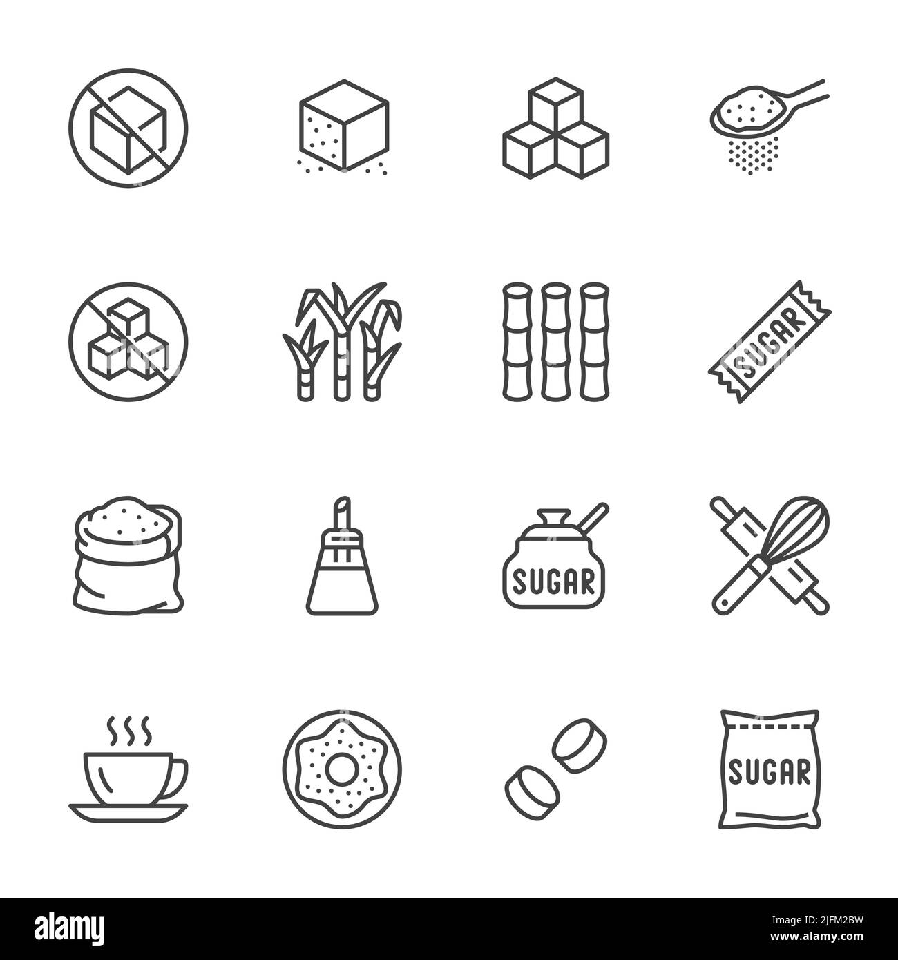 Sugar cane, cube flat line icons set. Sweetener, stevia, bakery ...