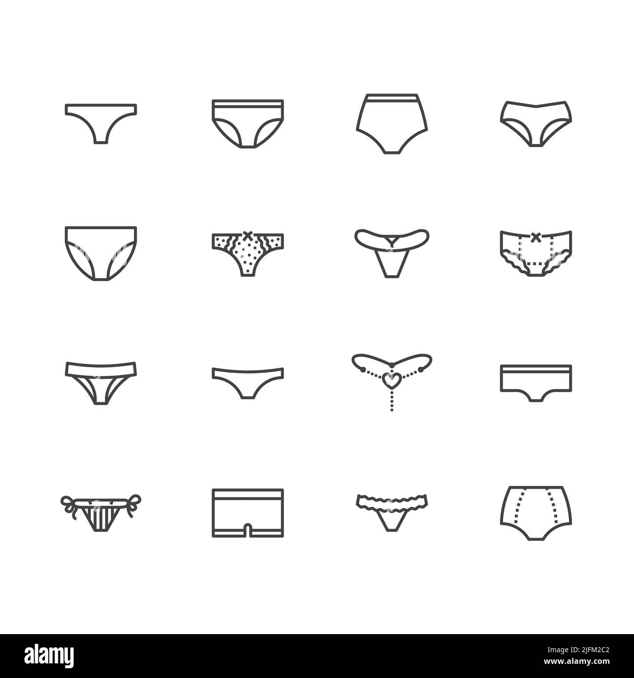 Lingerie flat line icons set. Panties types, woman underwear, bikini