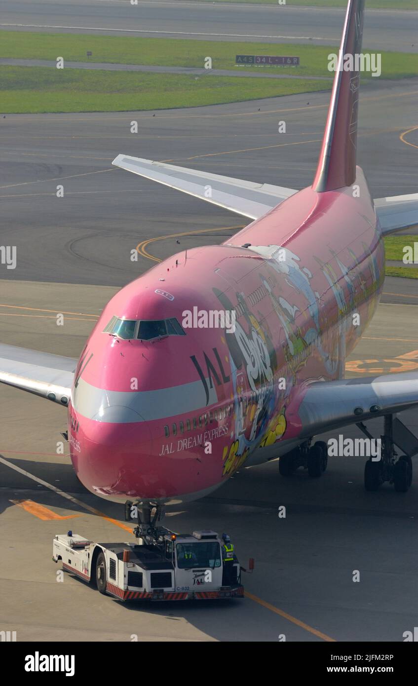 The JAL Jumbo Jet to commemorate Mikey Mouse and Disney world was scheduled on domestic routes in Japan, Tokyo.Haneda JP Stock Photo