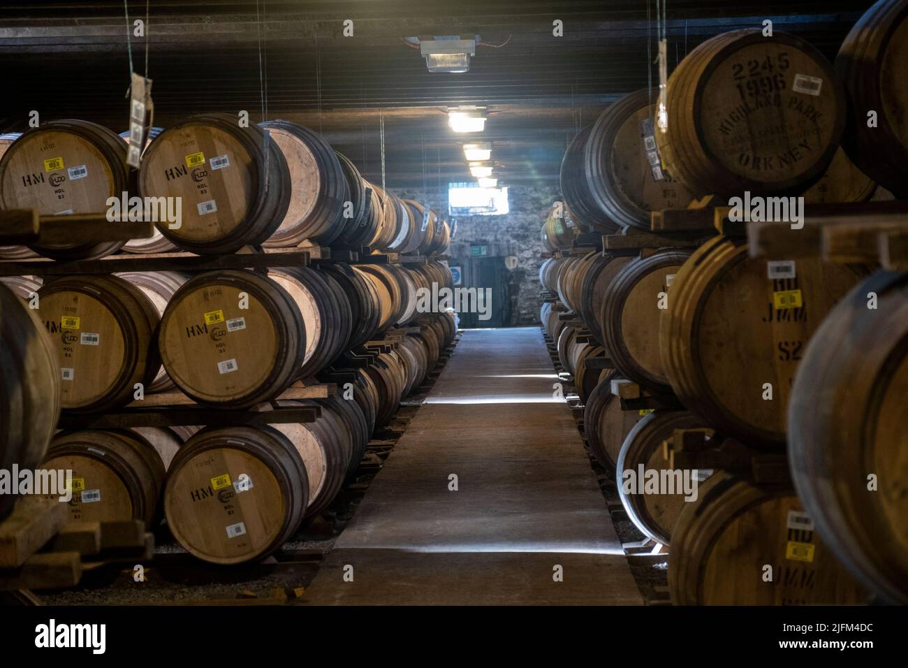 Whisky casks at the Highland Park distillery, Orkney, Scotland Stock Photo