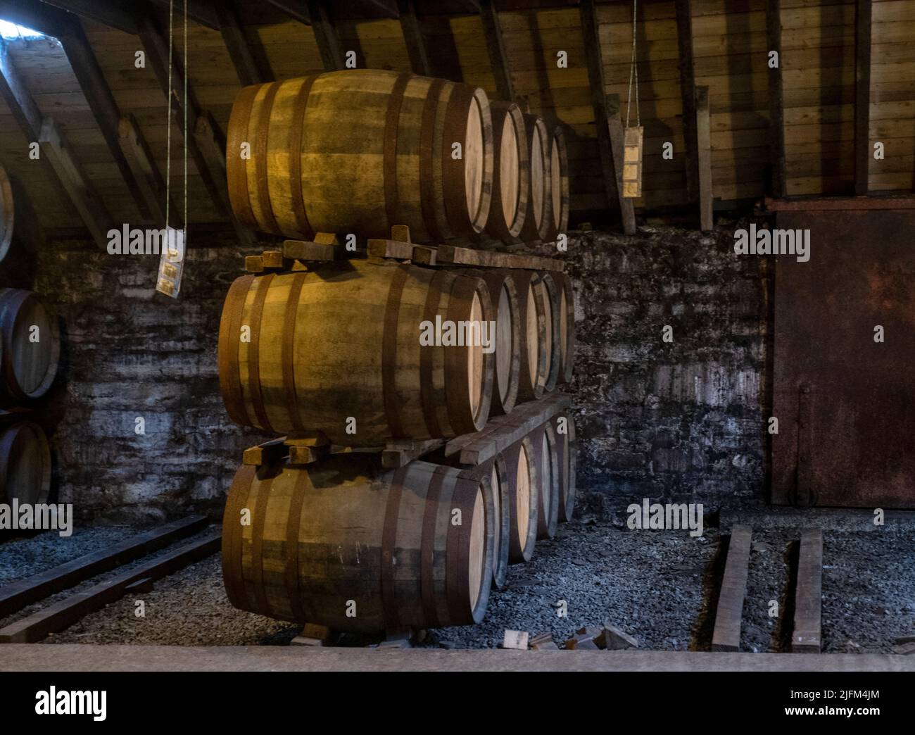 Whisky casks at the Highland Park distillery, Orkney, Scotland Stock Photo