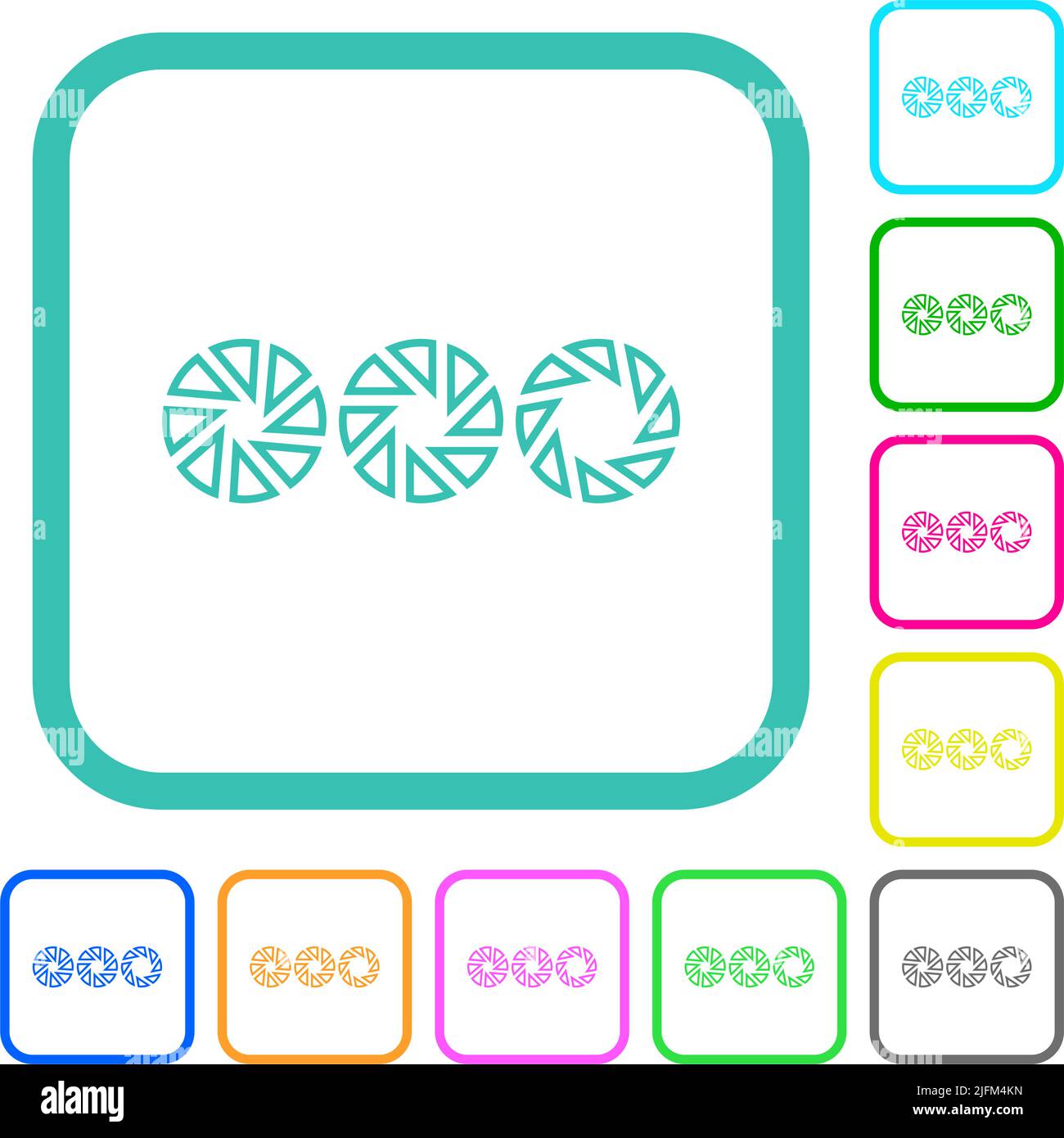 Set aperture size outline vivid colored flat icons in curved borders on ...