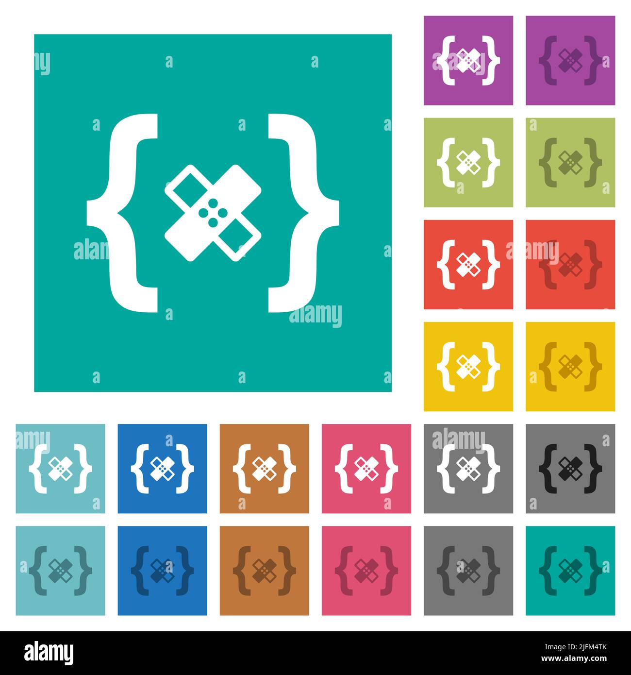 Software patch multi colored flat icons on plain square backgrounds. Included white and darker icon variations for hover or active effects. Stock Vector