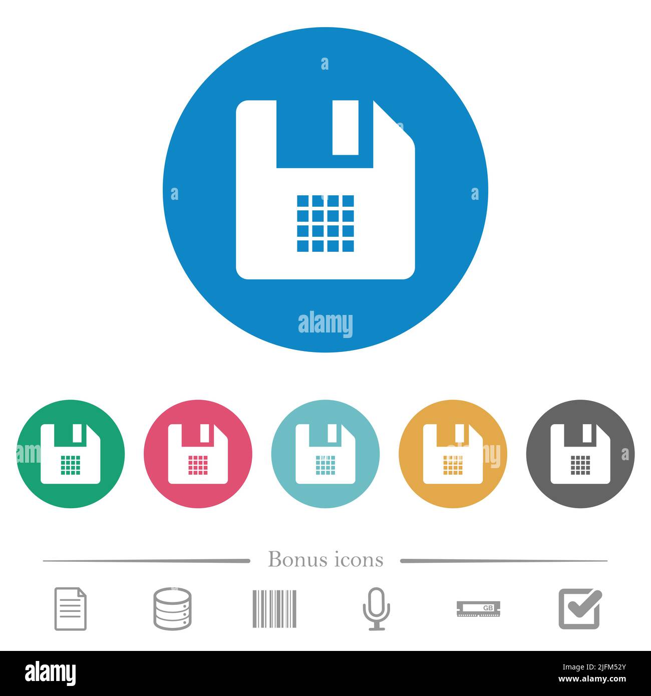 File grid view flat white icons on round color backgrounds. 6 bonus ...