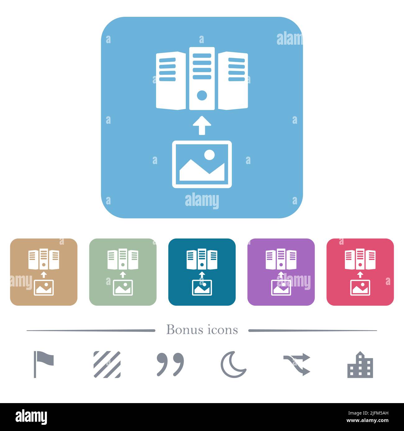 Upload image to server outline white flat icons on color rounded square ...