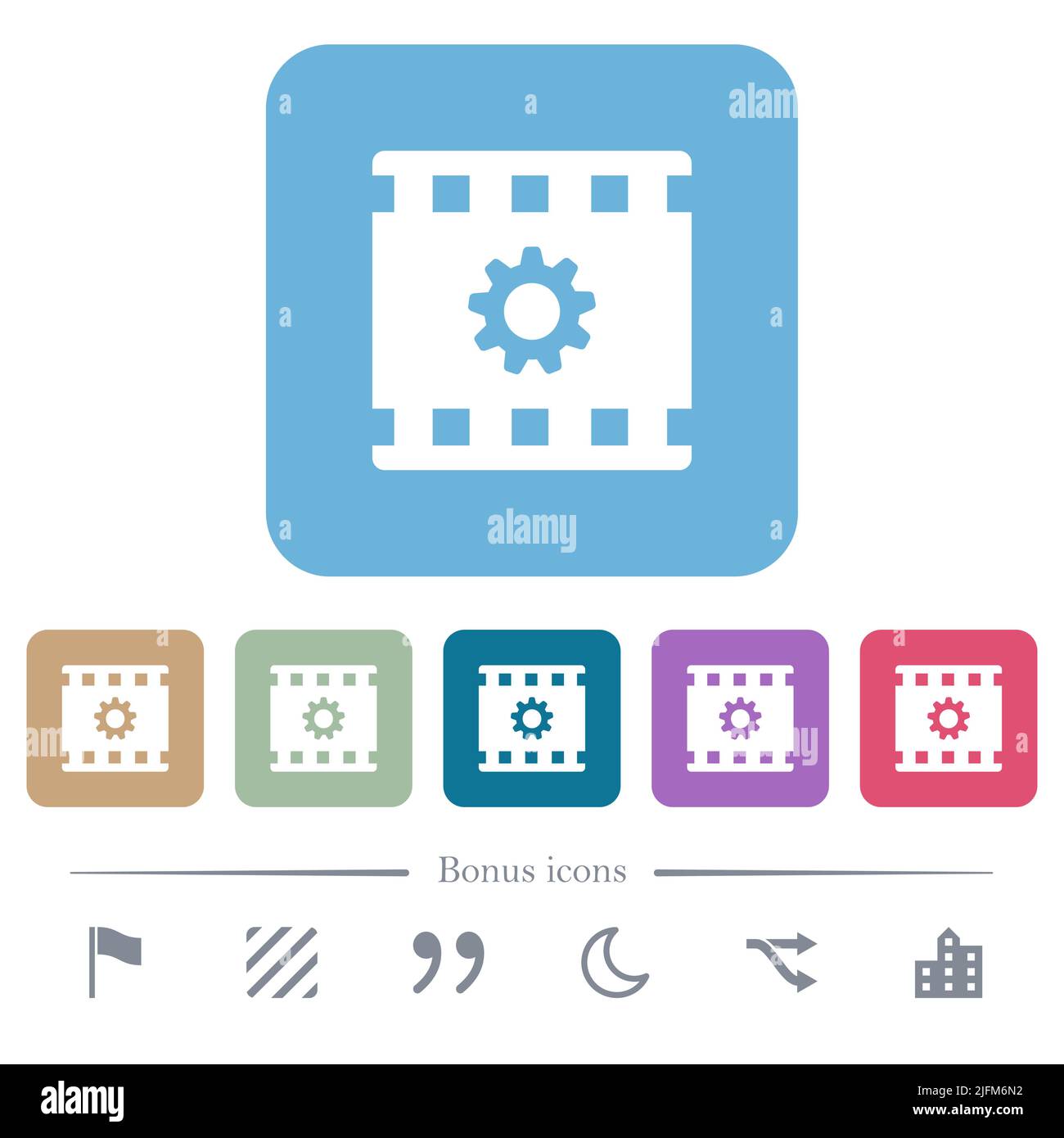 Movie settings white flat icons on color rounded square backgrounds. 6 ...