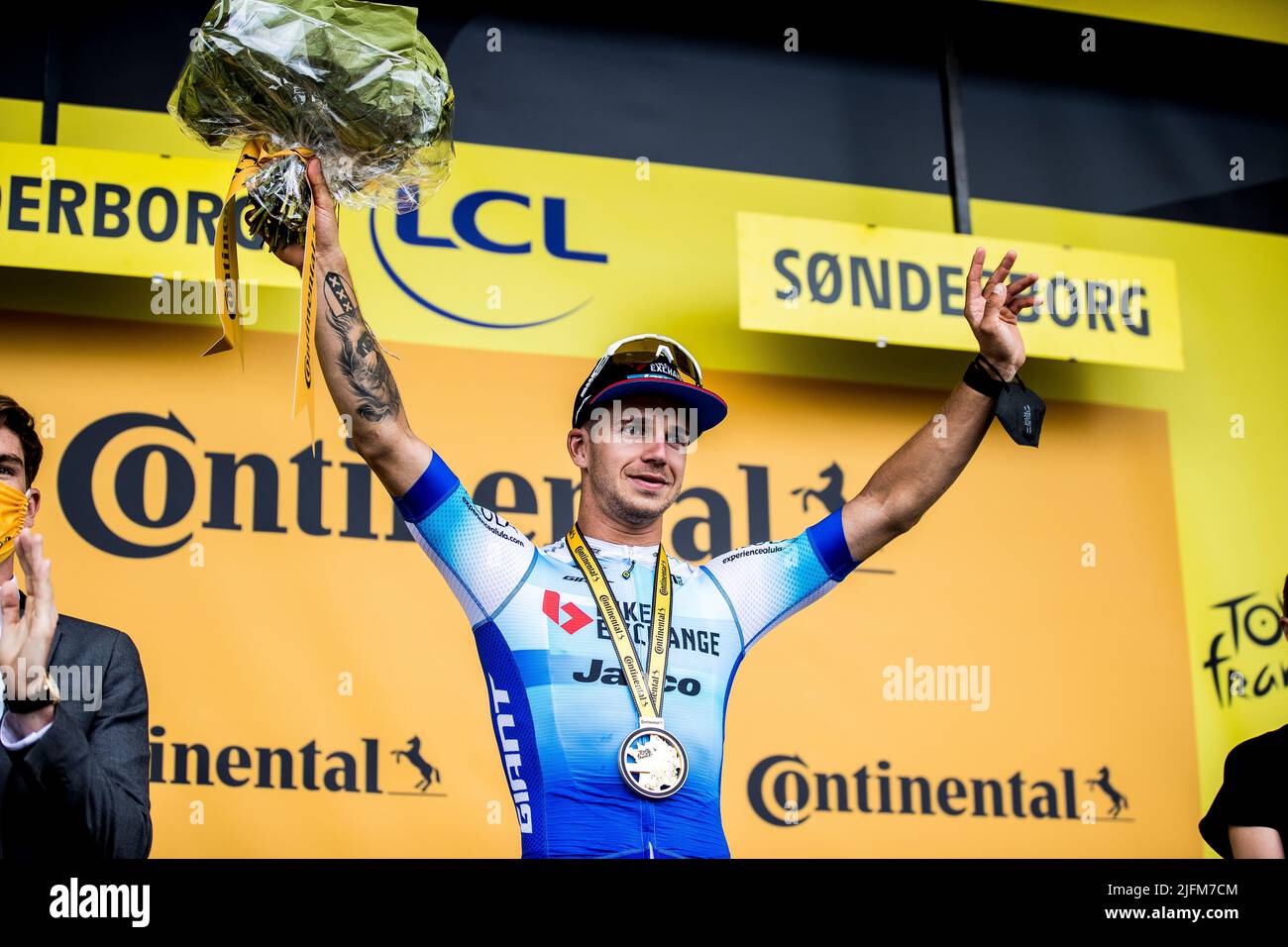 Sonderborg, Denmark. 03rd July, 2022. Dylan Groenewegen of Team BikeExchange-Jayco seen on the podium as the winner of stage 3 of the Tour de France 2022. (Photo Credit: Gonzales Photo/Alamy Live News Stock Photo