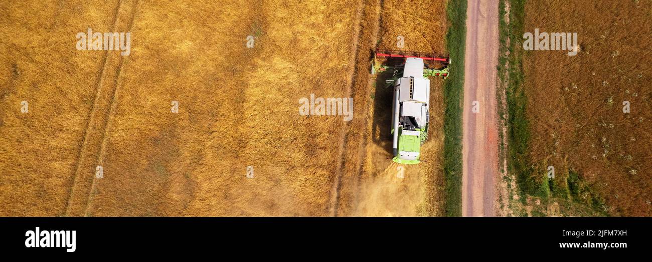 Wheat shortage, high trading prices, stockpiling. Aerial view of a combine harvester at work during harvest time. Agricultural banner. Stock Photo