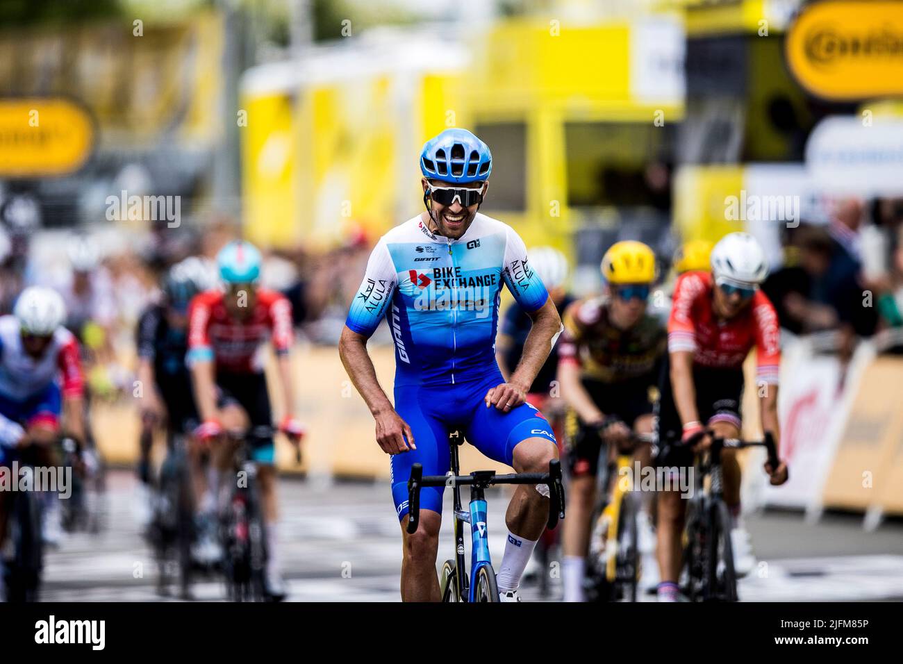 Sonderborg, Denmark. 03rd July, 2022. Dylan Groenewegen of Team BikeExchange-Jayco crosses the finish line as the winner of stage 3 of the Tour de France 2022. (Photo Credit: Gonzales Photo/Alamy Live News Stock Photo