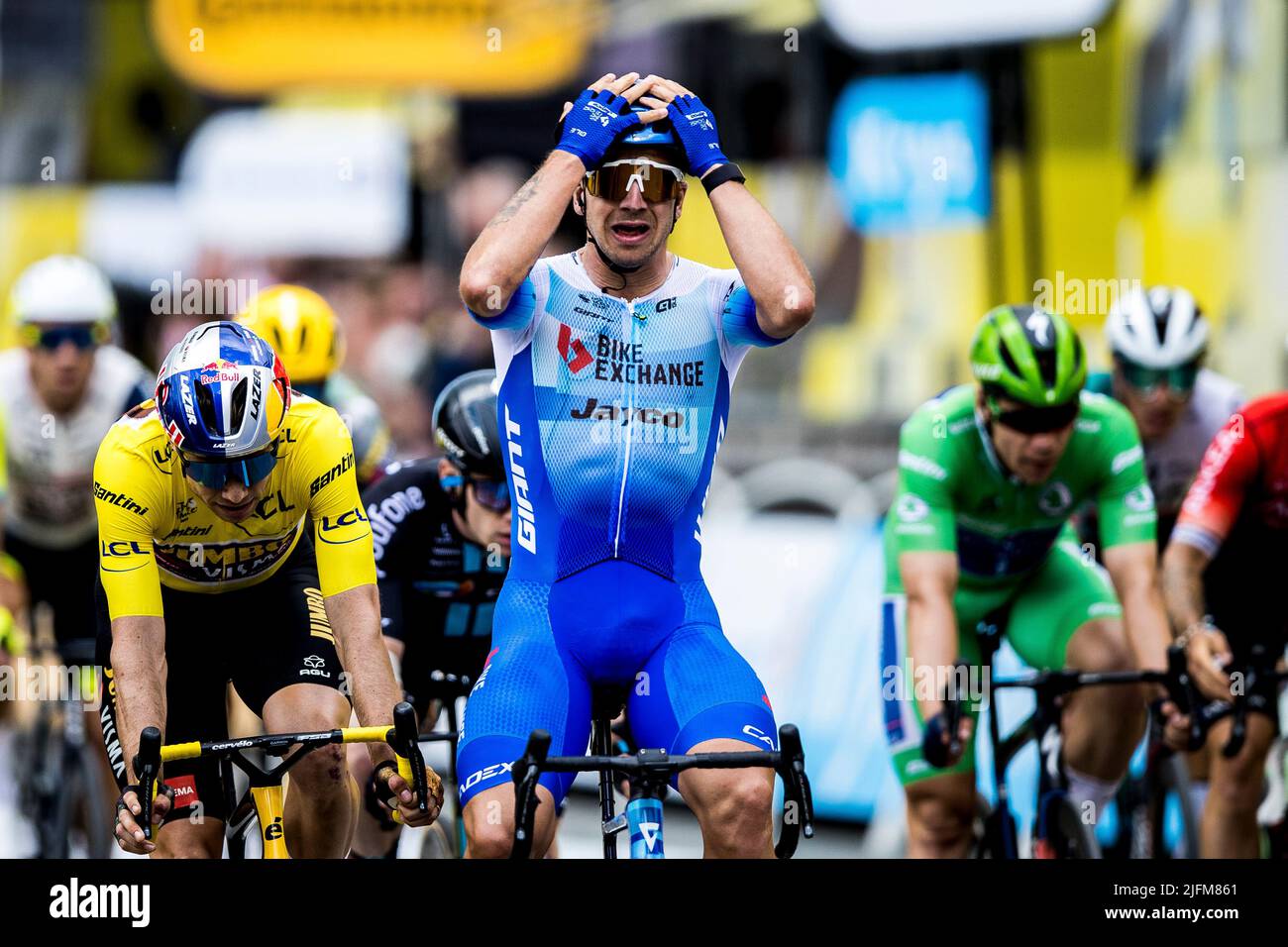 Sonderborg, Denmark. 03rd July, 2022. Dylan Groenewegen of Team BikeExchange-Jayco crosses the finish line as the winner of stage 3 of the Tour de France 2022. (Photo Credit: Gonzales Photo/Alamy Live News Stock Photo