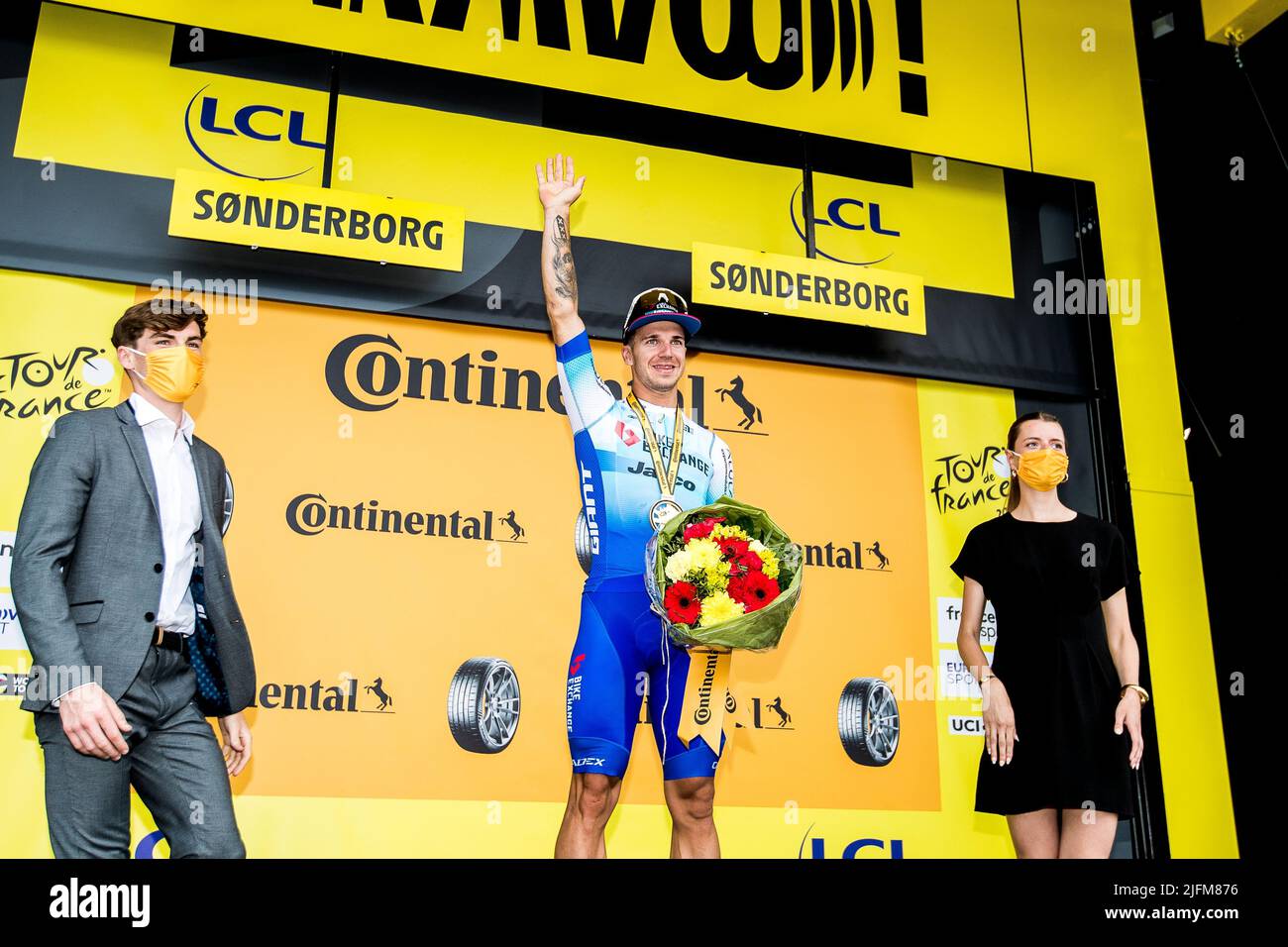 Sonderborg, Denmark. 03rd July, 2022. Dylan Groenewegen of Team BikeExchange-Jayco seen on the podium as the winner of stage 3 of the Tour de France 2022. (Photo Credit: Gonzales Photo/Alamy Live News Stock Photo