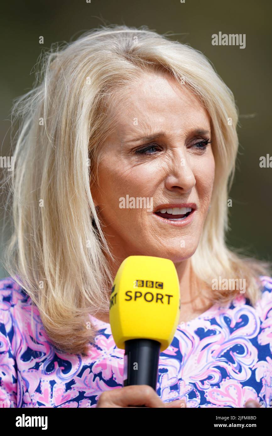 BBC Presenter Tracy Austin on day eight of the 2022 Wimbledon Championships at the All England Lawn Tennis and Croquet Club, Wimbledon