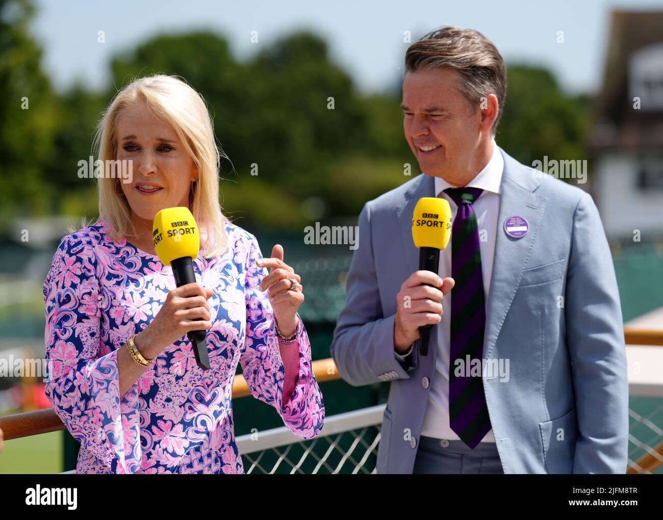 BBC Presenters Mark Wooldridge (right) and Tracy Austin on day eight of the 2022 Wimbledon Championships at the All England Lawn Tennis and Croquet Club, Wimbledon