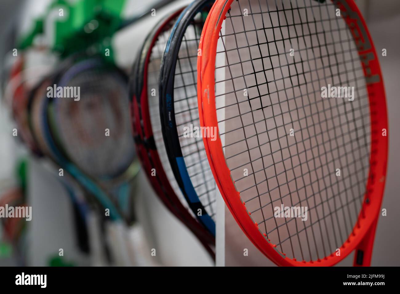 Rackets after being re-strung in the Stringing Room on day eight of the ...