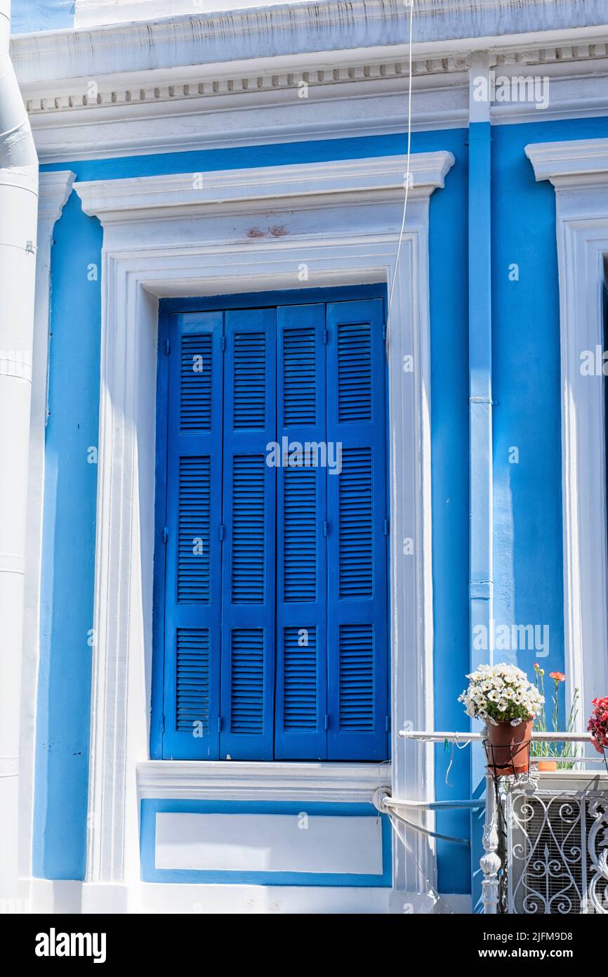 Blue and white house in Nafplio, Greece Stock Photo