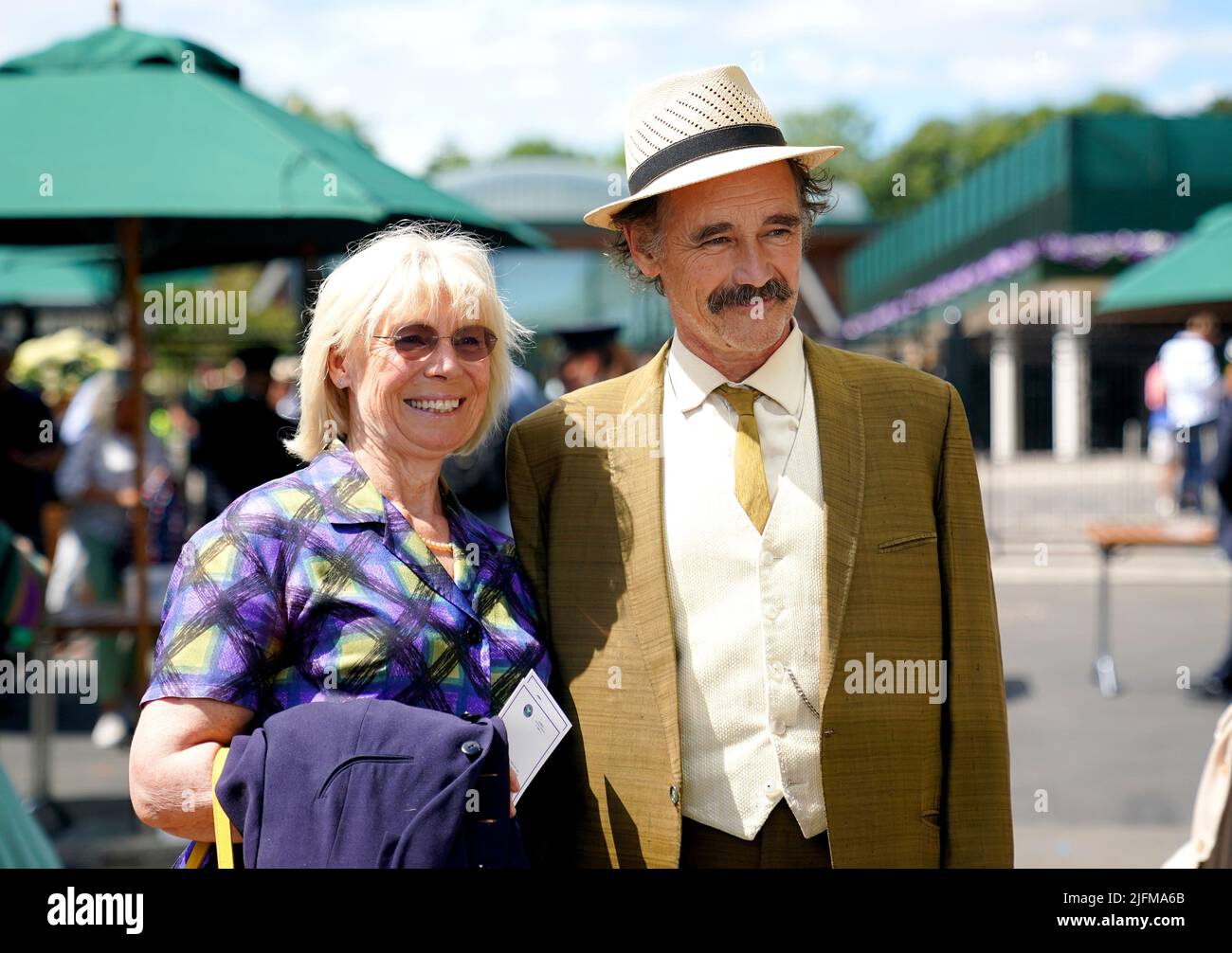 Mark Rylance and Claire van Kampen arrive on day eight of the 2022 Wimbledon Championships at the All England Lawn Tennis and Croquet Club, Wimbledon. Picture date: Monday July 4, 2022. Stock Photo