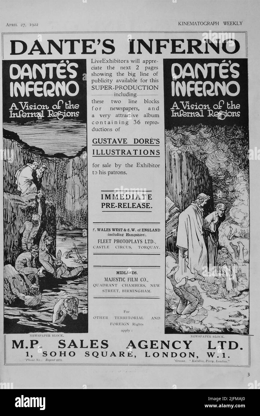 British Trade Ad for a 1922 re-release of DANTE'S INFERNO - A Vision of the Infernal Regions 1911 directors FRANCESCO BERTOLINI ADOLFO PADOVAN and GIUSEPPE LIGUORO loosely adapted from La Divina Commedia / The Divine Comedy by Dante Alighiera inspired by the illustrations of Gustave Dore Milano Film / SAFFI-Comerio / M.P. Sales Agency Ltd. (UK) Stock Photo