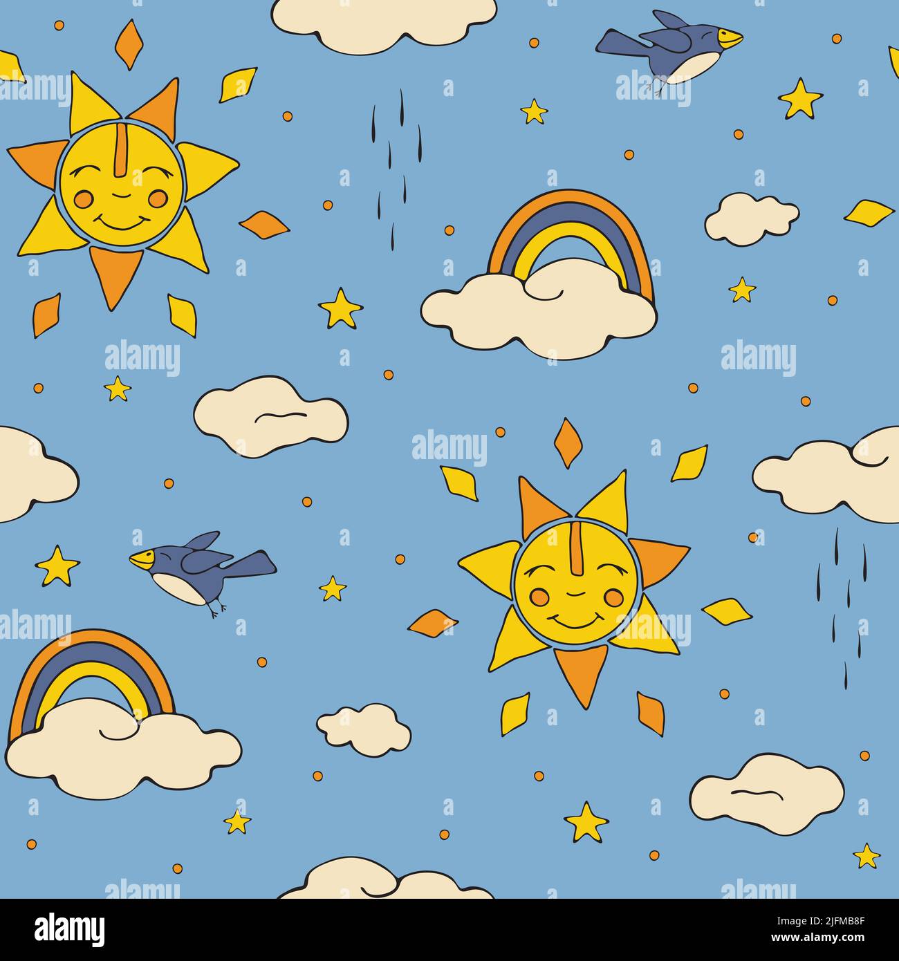 Seamless vector pattern with cartoon sun and clouds on blue background. Simple happy weather wallpaper design for children. Stock Vector