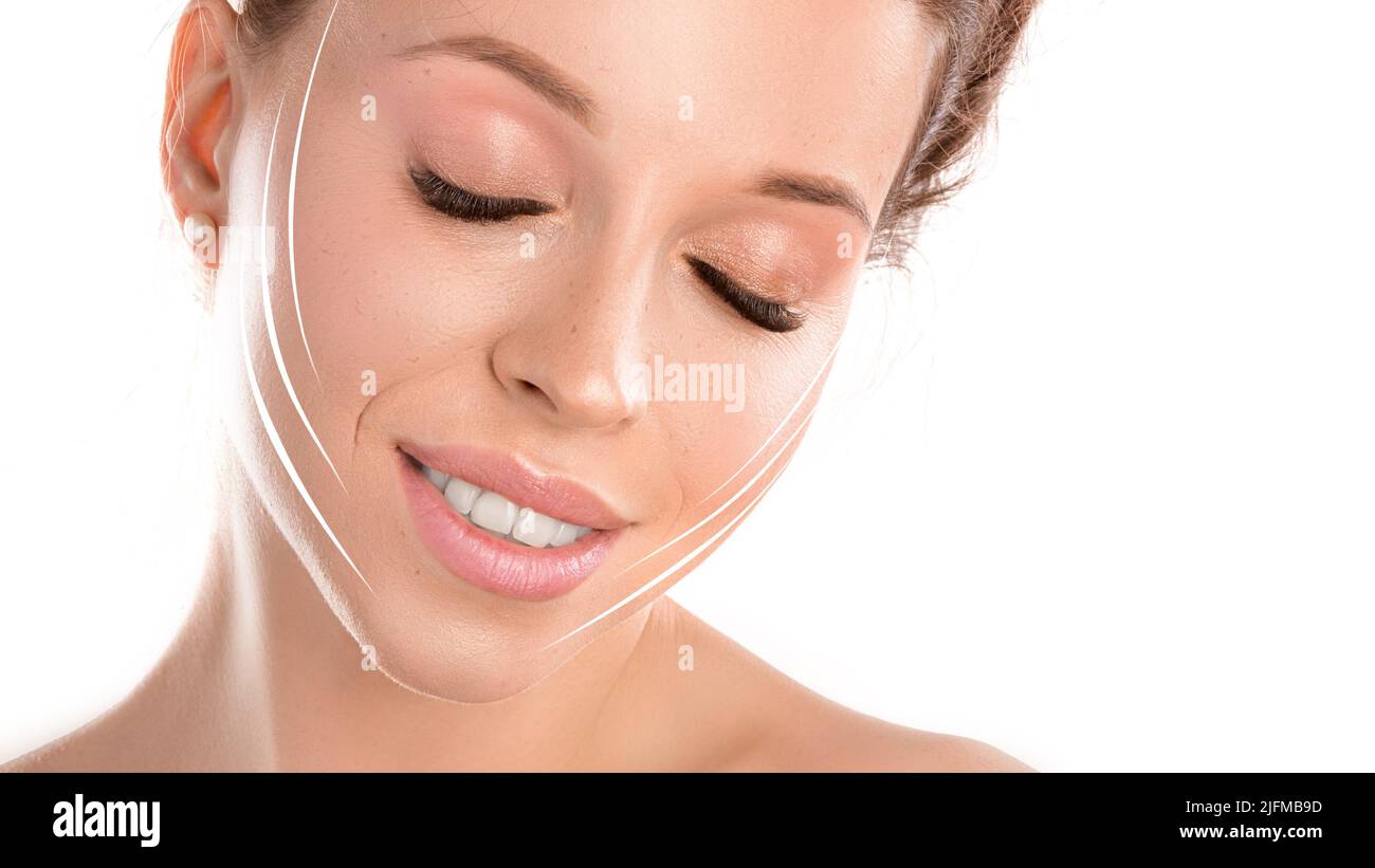 Close up photo of smiling woman with closed eyes and lines on face. Face lifting. Cosmetics procedures concept. Stock Photo