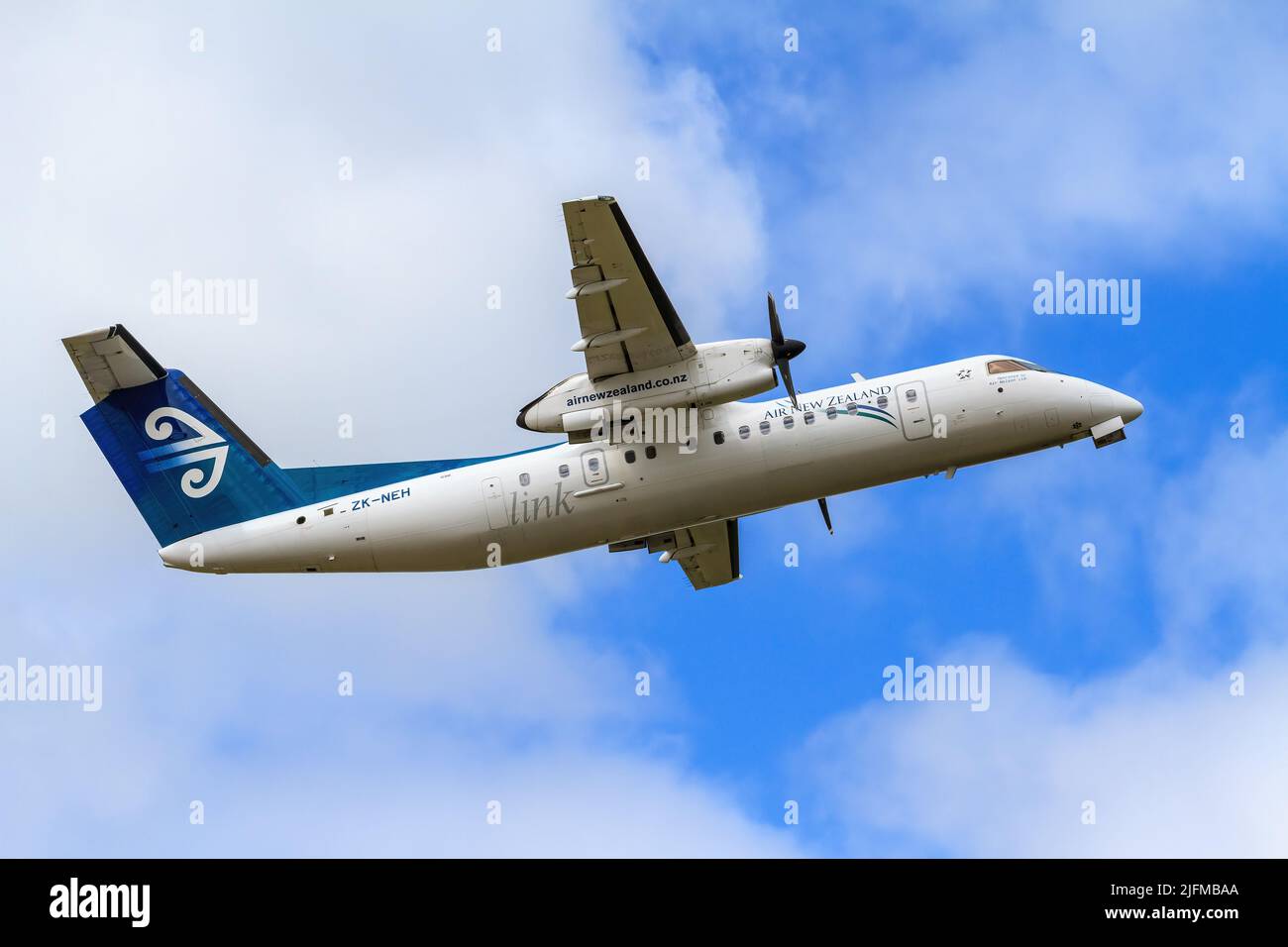 An Air New Zealand De Havilland Dash 8 in the sky. Photographed at Mount Maunganui, New Zealand Stock Photo